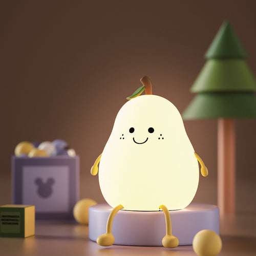 Creative Pear Night Light - Silicone Tap Control Bedside Lamp with Colorful LED, Rechargeable USB Desk Light
