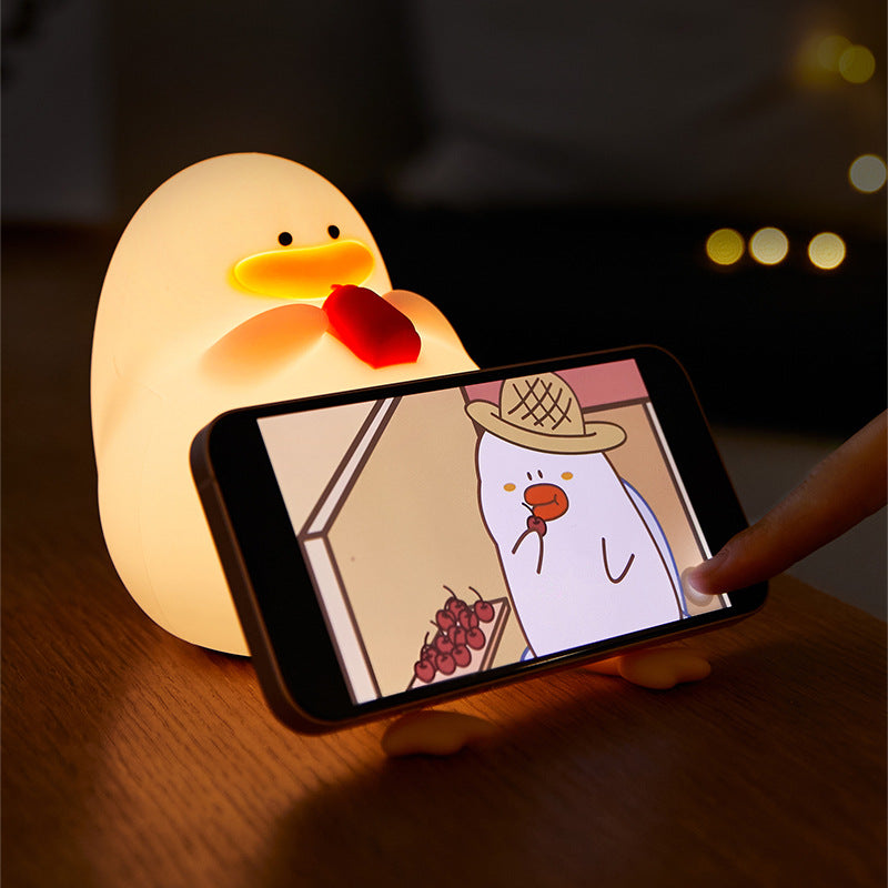 Happy Duck Night Light - Tap Control Silicone Bedside Lamp with Voice/Sound Activation, Cute Animal LED Light