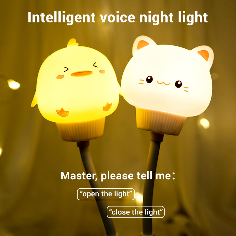 Cute Animal Voice Control Night Light - English Learning LED Lamp with 7 Color Modes, Sound Activated Bedside Light