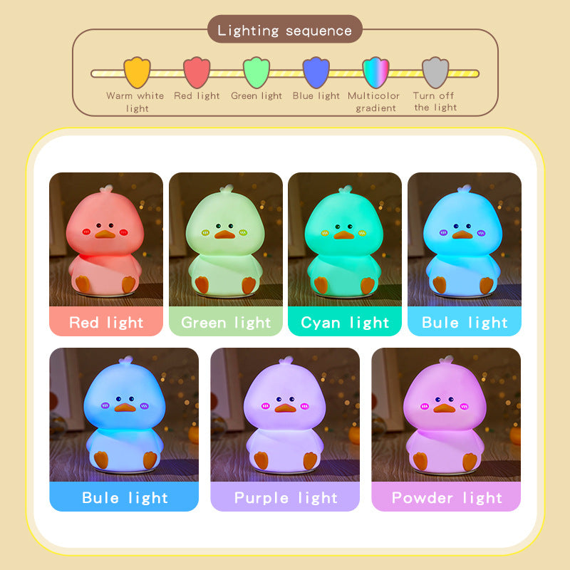 Cute Duck Night Light - Rechargeable Silicone Tap Control LED Lamp with 7 Color Modes, USB Charging Bedside Light