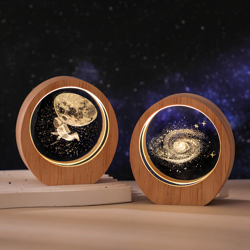 3D Laser Engraved Crystal Night Light - LED Illuminated Desktop Ornament with Wooden Base, 17 Designs Available