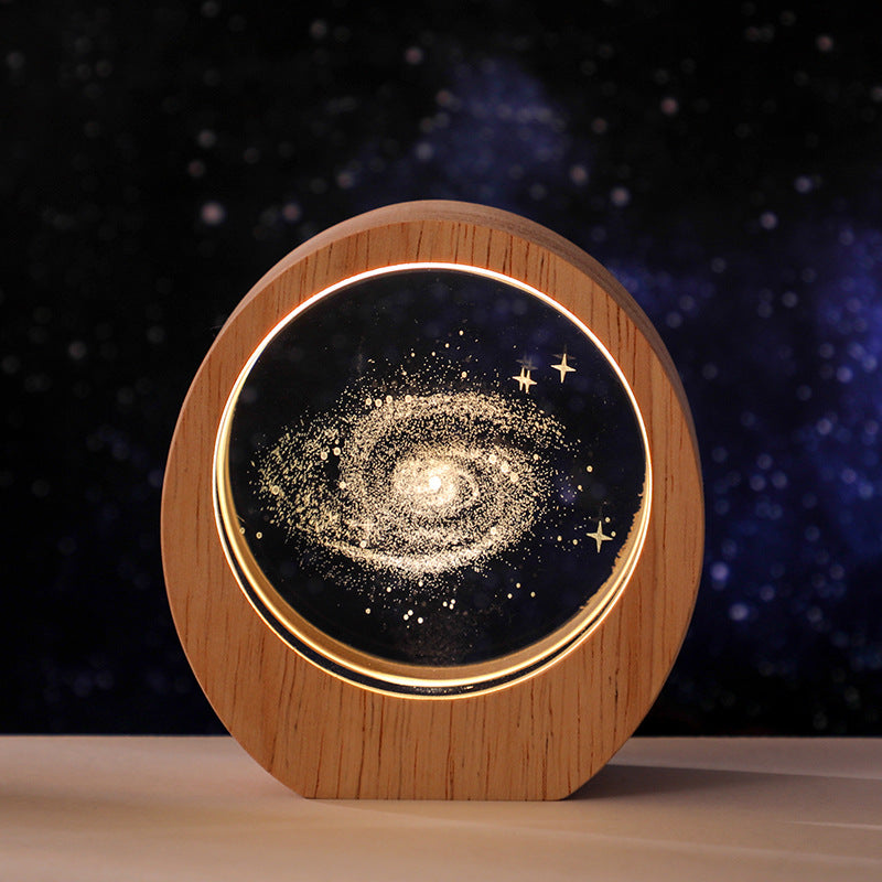 3D Laser Engraved Crystal Night Light - LED Illuminated Desktop Ornament with Wooden Base, 17 Designs Available