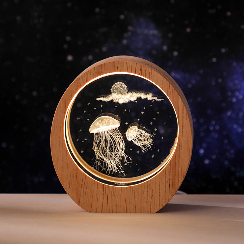 3D Laser Engraved Crystal Night Light - LED Illuminated Desktop Ornament with Wooden Base, 17 Designs Available