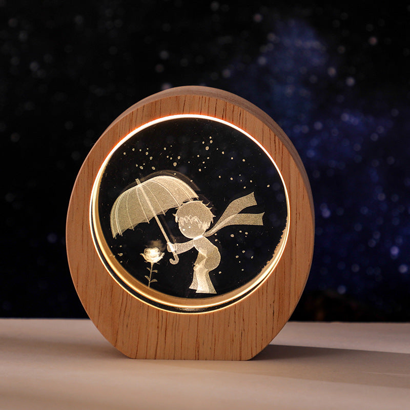 3D Laser Engraved Crystal Night Light - LED Illuminated Desktop Ornament with Wooden Base, 17 Designs Available